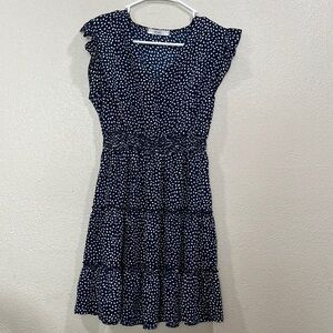 70/21 Navy Midi Dress with White Polka Dots